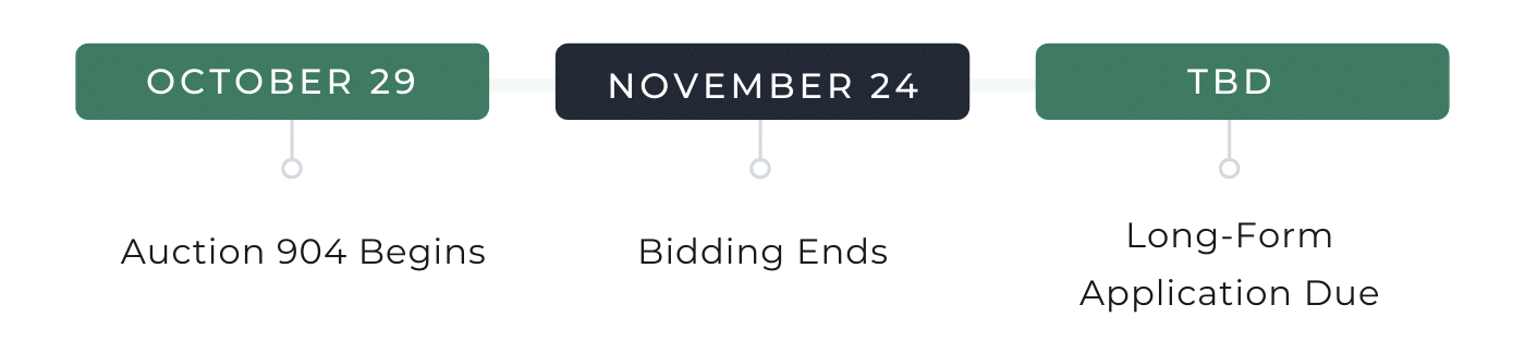 RDOF Timeline. October 29 Auction 904 Begins. November 24 Bidding Ends. TBD Long-Form Application Due.