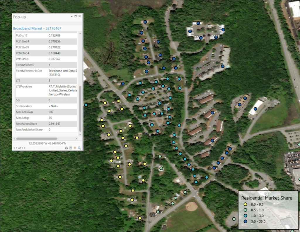 A aerial GIS view of a neighborhood with a data box showing information like demographics for the below area