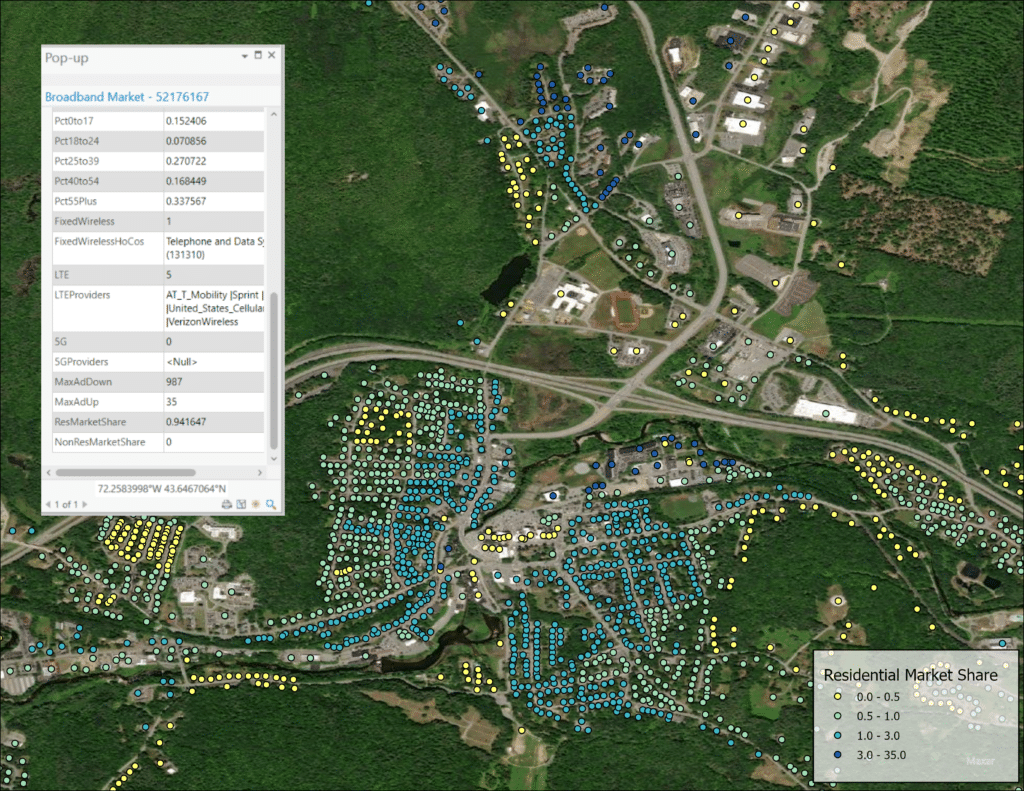 A GIS view of an urban area with a data box showing the broadband technology availability and demographics of the locations in the below area