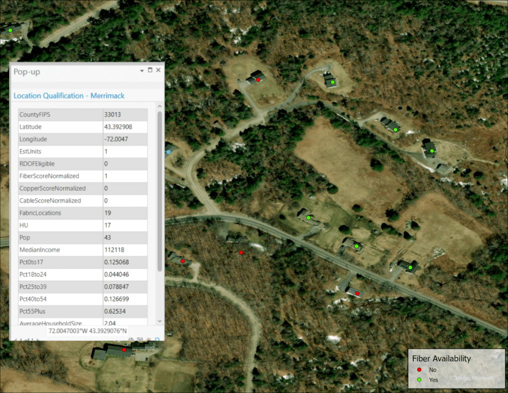 An aerial image showing the below neighborhood location's service availability and demographics