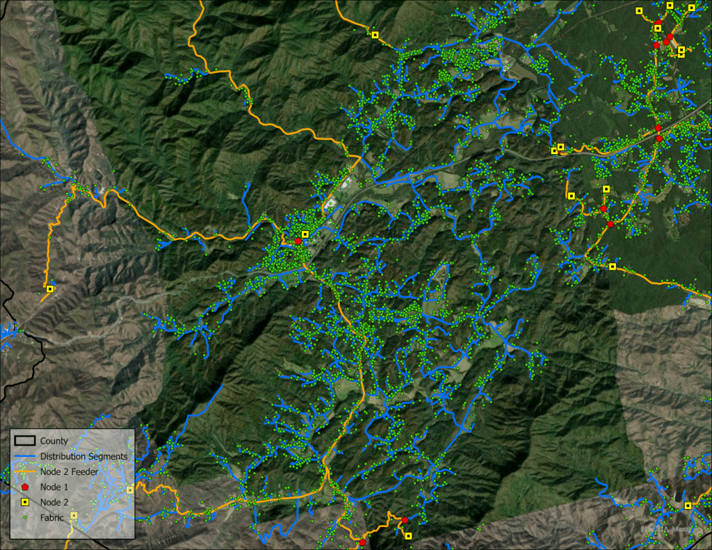 A GIS image with broadband service availability and fiber routes