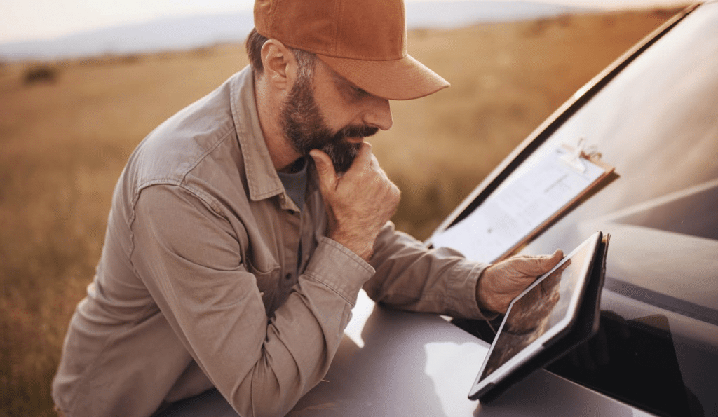 A man looking at an iPad outside.