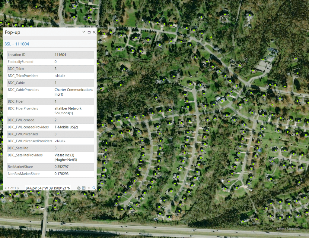 What the Broadband Serviceable Locations Dataset looks like in a Geographic Information System (GIS)