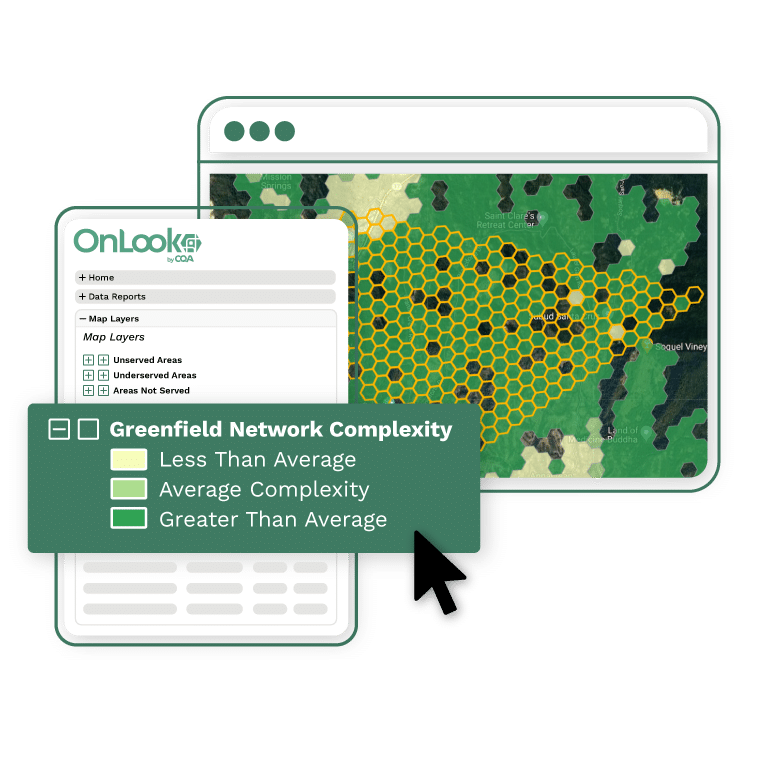 An example of the Greenfield Network Complexity data and capabilities in the OnLook GIS Analytics app