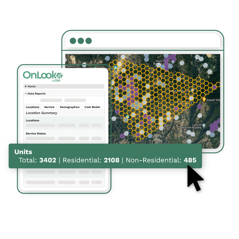 An example Onlook's unit data, showing 3402 total units in the area - 2108 being residential and 485 being non-residential.