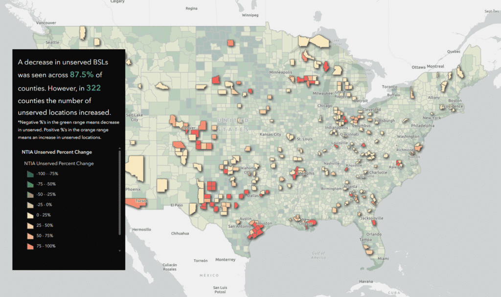 A coverage map from CostQuest's Broadband America Report, analyzing broadband coverage changes from Version 5 to 6 of the FCC's Broadband Data Collection Data.