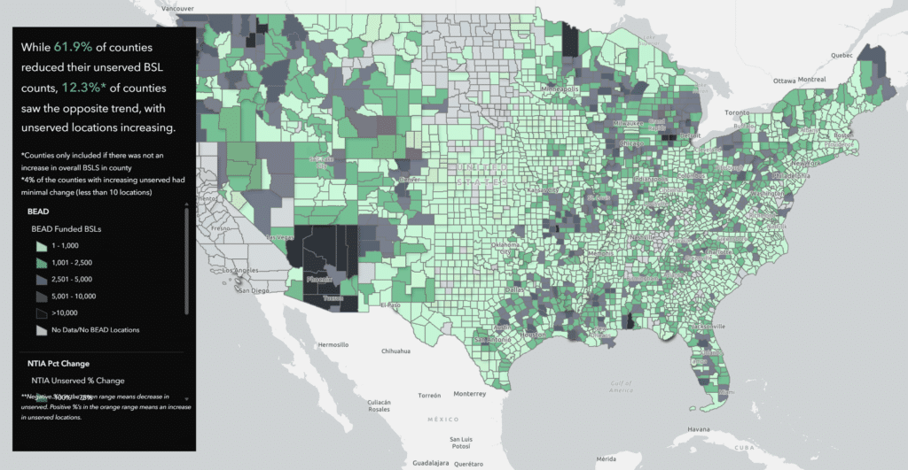 A coverage map from CostQuest's Broadband America Report, analyzing broadband coverage changes from Version 6 to 7 of the FCC's Broadband Data Collection, and CostQuest's Location Fabric and Network Cost Model data.