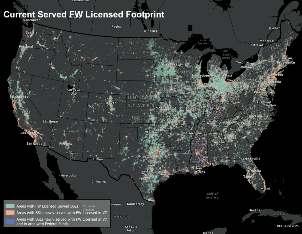 A dark map of the contiguous United States titled "Current Served FW Licensed Footprint," published by BDC in June 2025. The map uses three colors to show broadband serviceable locations (BSLs) covered by Fixed Wireless (FW) licensed spectrum: teal/green dots indicate areas with existing FW Licensed Served BSLs; salmon/orange dots show areas with BSLs newly served with FW Licensed coverage added in Version 7 (V7); and blue/purple dots highlight BSLs newly served with FW Licensed in V7 that also fall within areas receiving Federal broadband funding. Coverage is densest in the eastern half of the country, along the West Coast, and near major metropolitan areas, while large portions of the rural West and Great Plains appear largely unserved.