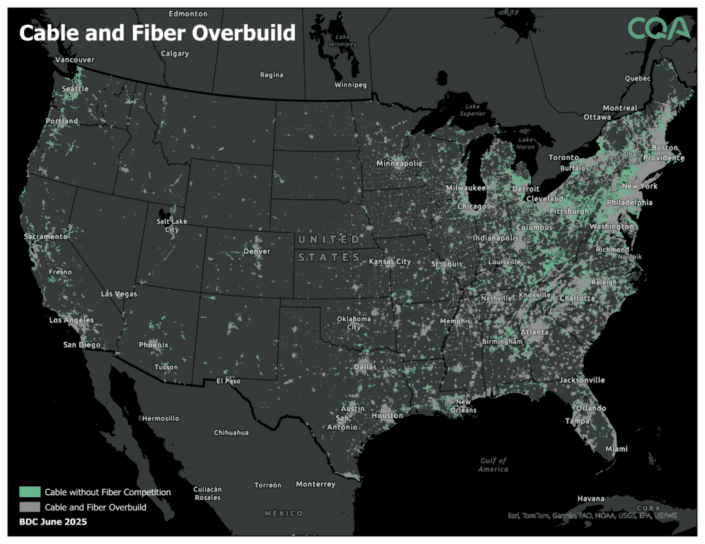 This nationwide view captures the defining competitive dynamic of the 2026 cable market: the steady contraction of cable-exclusive territory as fiber overbuild expands. Gray areas show where cable and fiber now overlap, while green areas show where cable remains the sole high-speed wireline option. Gray dominates major metros and incumbent telco fiber footprints – the same overlap zones driving Charter and Comcast subscriber losses and pushing operators toward bundling, wireless convergence, and retention pricing. Green clusters persist across more rural regions where cable still functions as the access technology of record and often the only wireline option meeting the 100/20 Mbps threshold. These green areas represent the 19.6 million BSLs where cable stands alone as of BDC Version 7 – down 36% from 30.7 million two years earlier – and they are precisely where BEAD-funded fiber, telco expansion, and M&A-driven growth like AT&T's acquisition of 4 million Lumen FTTH locations are now concentrated, making today's green the most likely candidate to become tomorrow's gray.