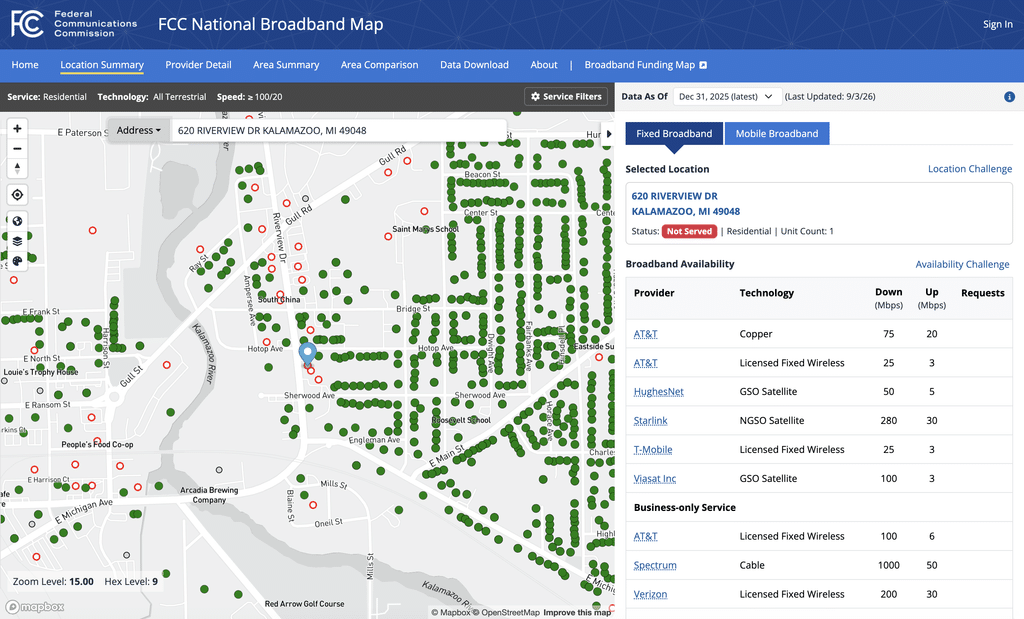 Screenshot of the FCC National Broadband Map's Location Summary page for 620 Riverview Dr, Kalamazoo, MI 49048. A table lists residential broadband providers and speeds, including AT&T Copper (75/20 Mbps), AT&T Licensed Fixed Wireless (25/3 Mbps), HughesNet Satellite (50/5 Mbps), Starlink Satellite (280/30 Mbps), T-Mobile Fixed Wireless (25/3 Mbps), and Viasat Satellite (100/3 Mbps), plus business-only services from AT&T, Spectrum, and Verizon. The location's status is marked 'Not Served.' A map on the left shows the address pinned along Riverview Drive with green dots indicating served locations and red circles indicating unserved locations nearby.