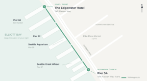 Map of walking instructions from Edgewater Hotel to Pier 54.