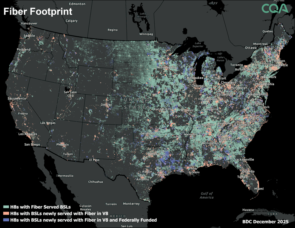 Map of the contiguous United States titled 'Fiber Footprint,' showing fiber broadband coverage aggregated to H3 level 8 cells. Green areas indicate locations already served by fiber broadband, concentrated heavily across the eastern half of the country and in metro areas nationwide. Orange highlights mark locations newly served by fiber broadband in BDC Version 8, and purple highlights mark newly served locations that also received federal funding, with notable concentrations in Texas, the Southeast and the Northeast corridor. Data sourced from BDC, December 2025.